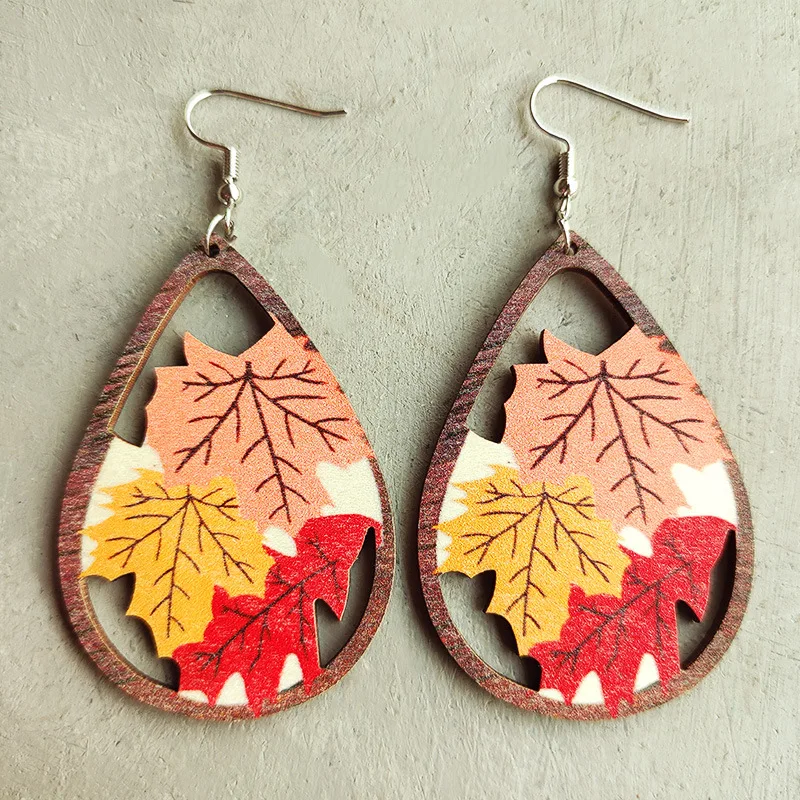 Autumn Thanksgiving Pumpkin Earrings Laser Cut Teardrop Accent Wood Leaf Drop Earrings for Women Halloween Jewelry Whoelsale