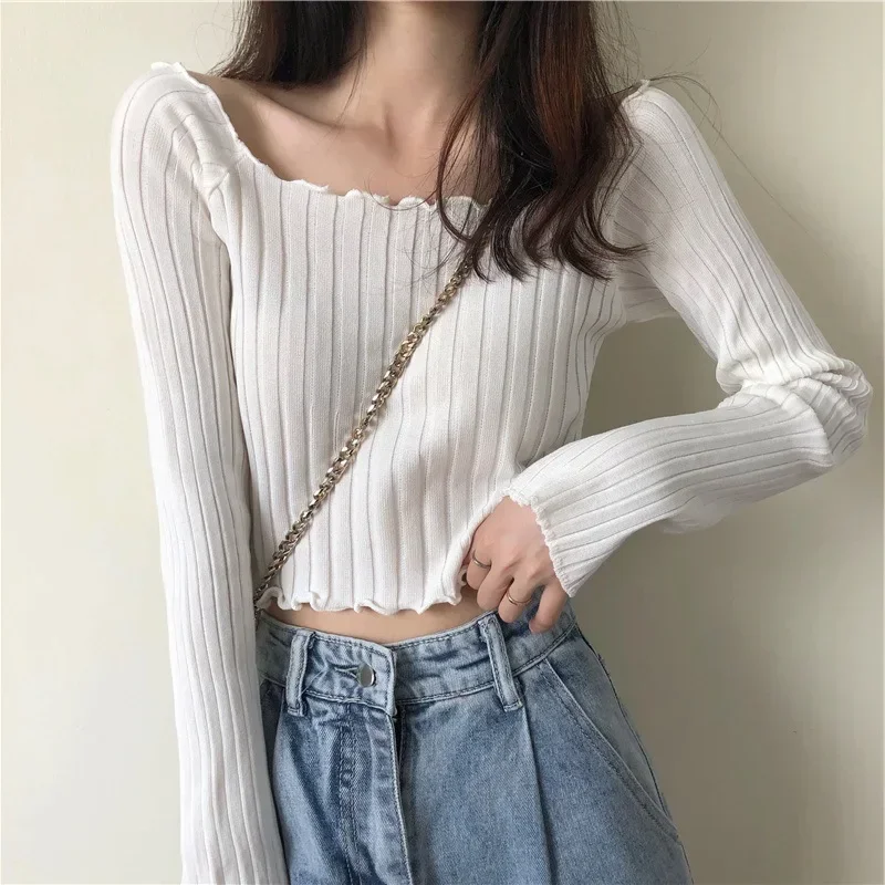 Women Y2K Tops Knitting Black Sweaters Autumn Winter Fashion Lady Long Sleeve Square Neck Slim Pullover Vintage Harajuku Jumpers