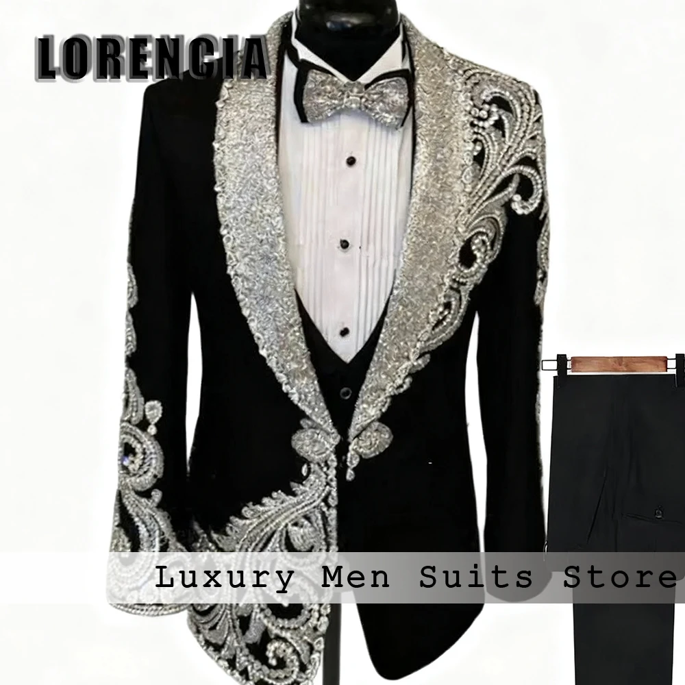 

Glitter Diamond Men Suits 3 Pieces Shawl Collar Wedding Party Groom Tuxedos Set Customized Blazer Pants Vest robe mariage femme