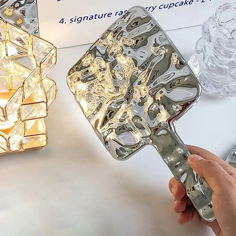 Espelho de maquiagem com alça galvanizada, beleza portátil, redondo, quadrado, s/m/l, espelho de maquiagem