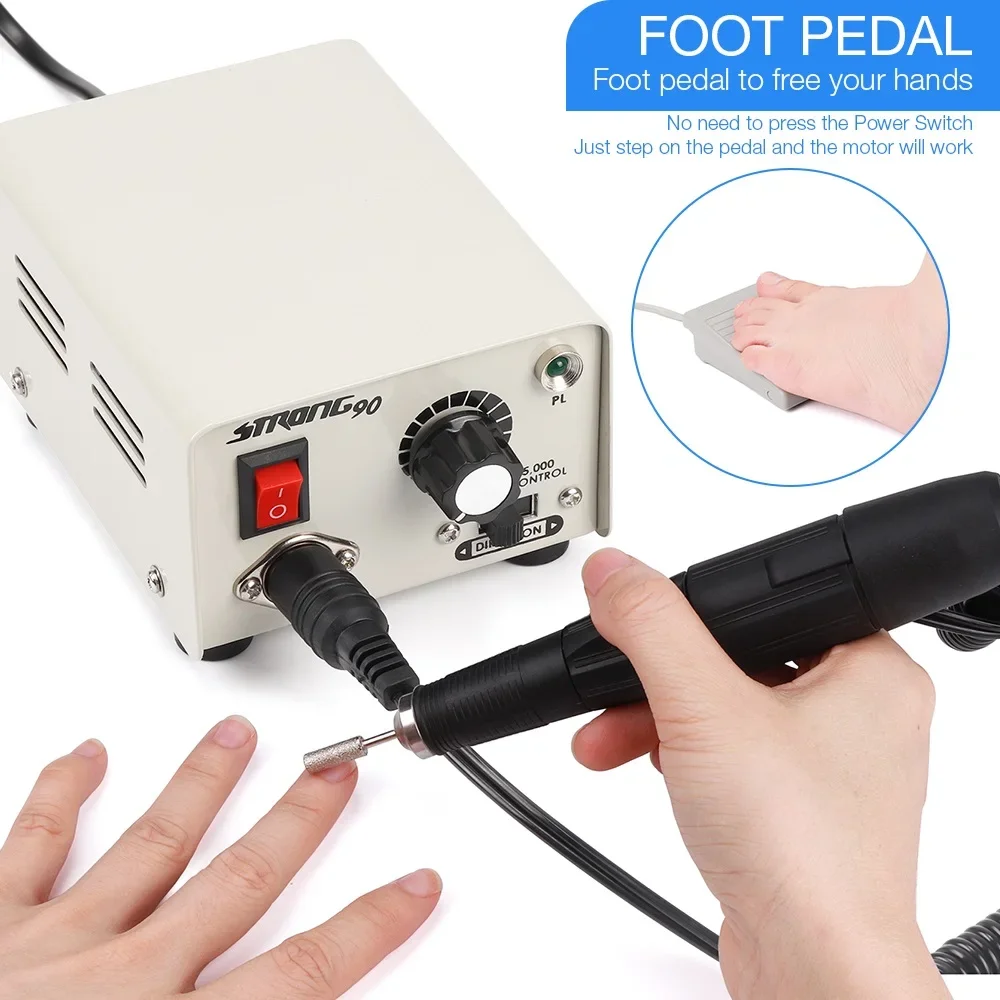 Strong 90 65W 35000RPM Professional Electric Nail Art Drill Machine Stainless Steel Pedicure Nail Polishing Manicure Machine