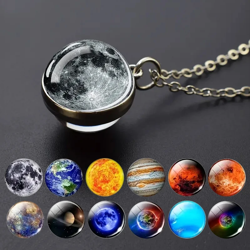 Double Sided Galaxy Planet Glass Ball Pendant Necklace Sun Earth Moon Mars Necklaces Jewelry