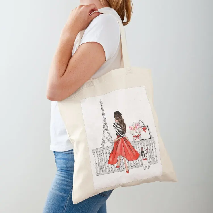 

Brunette girl in Paris red dress Tote Bag canvas tote Big bag Women's shopping bag Large bags for women
