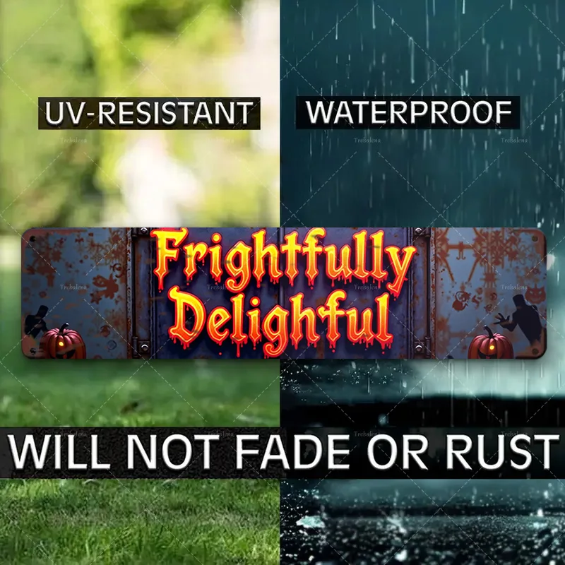 1pc sinal de metal, 4x16 polegadas "sinal de halloween sussightfully delicioso-escena de abóbora assustadora"