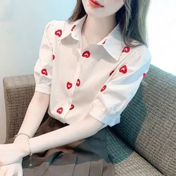 French Style Korean Commuter 2024 Summer New Blouses Women's Loose Patchwork Printed Button Polo Collar Short Sleeve Shirt Tops