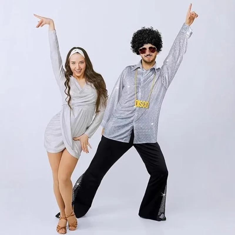 

2025 New 70s Disco Costume for Men Shiny Shirt and Bell Bottoms 2 Piece Set Retro Outfit