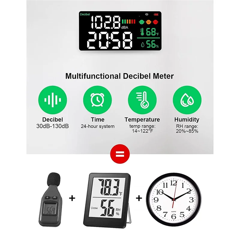 Misuratore di decibel AEE6-4-in-1 Misuratore di livello sonoro a parete Wifi Orologio digitale Misuratore di umidità della temperatura, misuratore DB 30-130DBA
