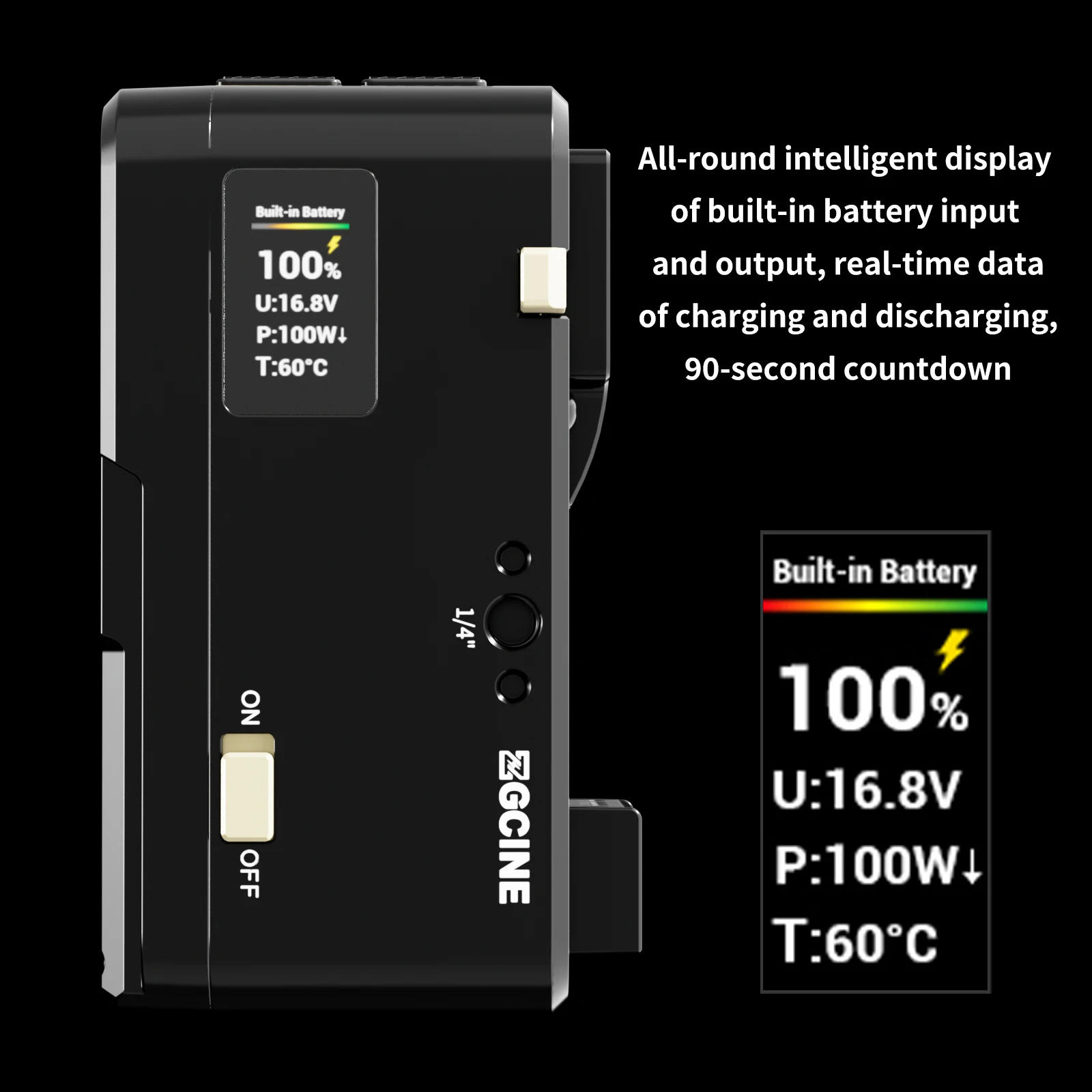 ZGCINE VM-HS1 ホットスワッププレート Vマウントバッテリープレート 内蔵バッテリー 50Wh、USB-C PD入力 65W、0.96インチIPSディスプレイ搭載