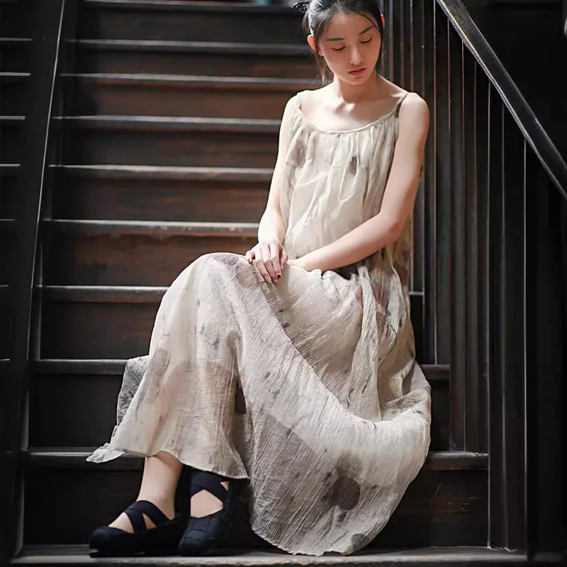 2025 Spring/Summer New Large Swing Skirt with Leaf Dyeing, Plant Dyeing, Tencel Wrinkle Strap Skirt, Clear Cold Wind Skirt