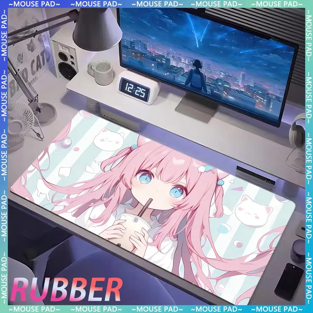 

Cute Milk Tea Girl MousePad Anime High Quality Game Accessories Game Keyboard Pad Carpet HD Desk mat Lock Edge Rubber Mouse Pad