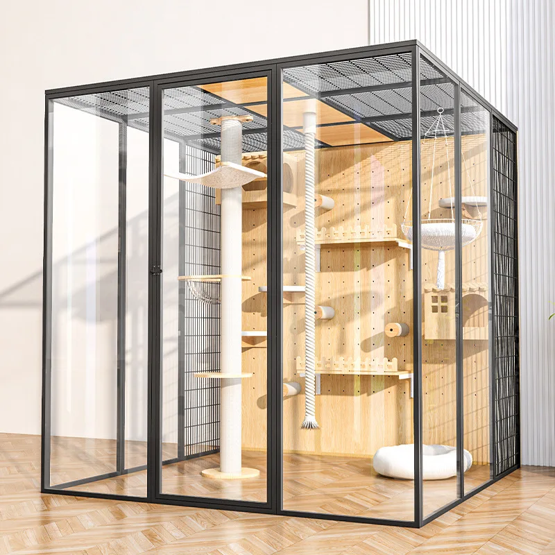 Modern Cat Villa for Small Spaces,Solid Wood Cat Cabinet with Panoramic View,SpaceSaving Indoor Cat House,Cat Tree,Cat Enclosure