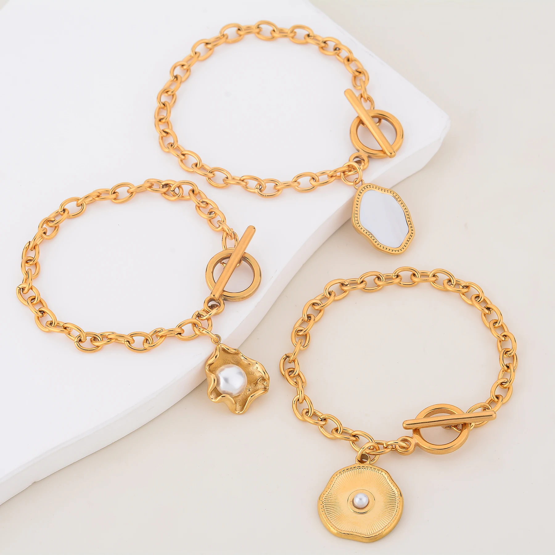 الأزياء الفولاذ المقاوم للصدأ تقليد اللؤلؤ شل سحر سلسلة ربط سوار غير يتلاشى أفضل هدية للنساء طول 18 سنتيمتر-25 سنتيمتر