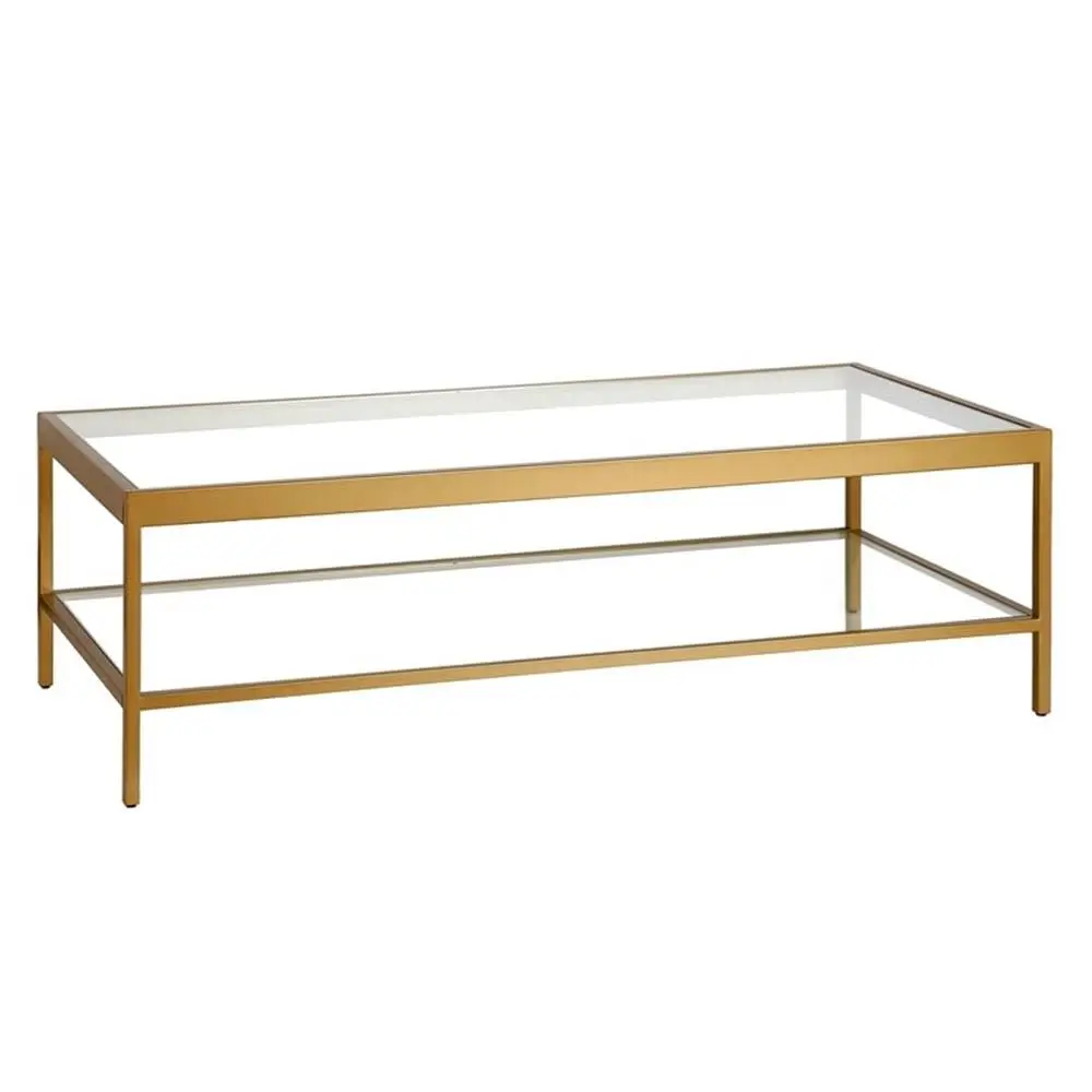 Modern Minimalist Coffee Table With Tempered Glass Top & Shelf, Steel Frame, 54x24x17