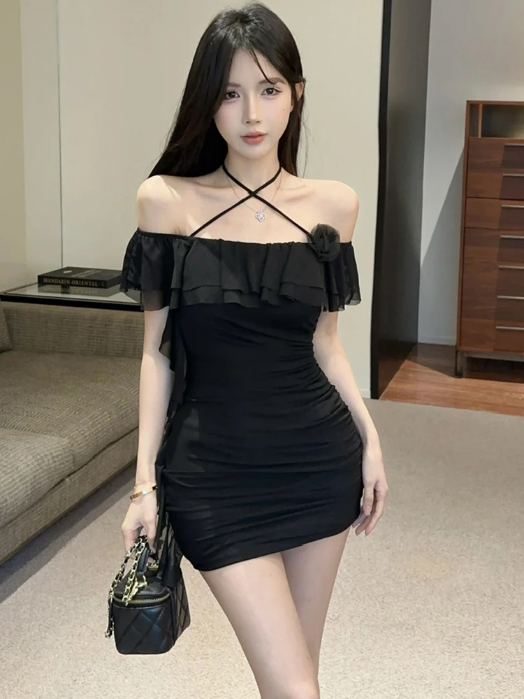 2025 roxo plissado bodycon chique babados sexy mini vestido feminino elegante casual kawaii vestido de verão moda coreana vestido de uma peça