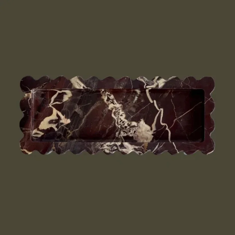 【Natural】Natural Stone Purple Red Travertine Marble Sundries Plate Lace Rectangle Storage Scalloped Tray Home Decoration