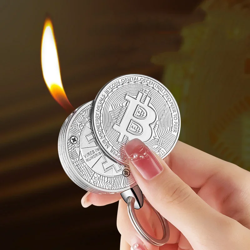 Creative Metal Coin Lighter Commemorative Coin Gold Plated Silver Bitcoin Shaped Butane Lighter Smoking Accessories