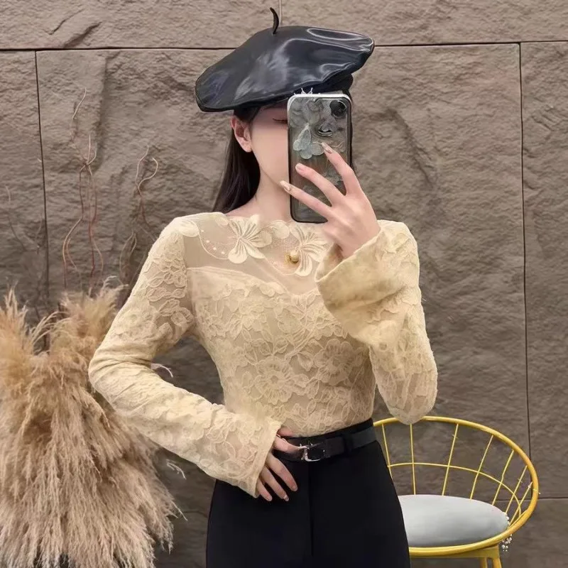 Women Fleece Lined Lace Top Long Sleeve Hollow Out Slim Fit Versatile Warm Autumn Winter Inner Wear Blouse