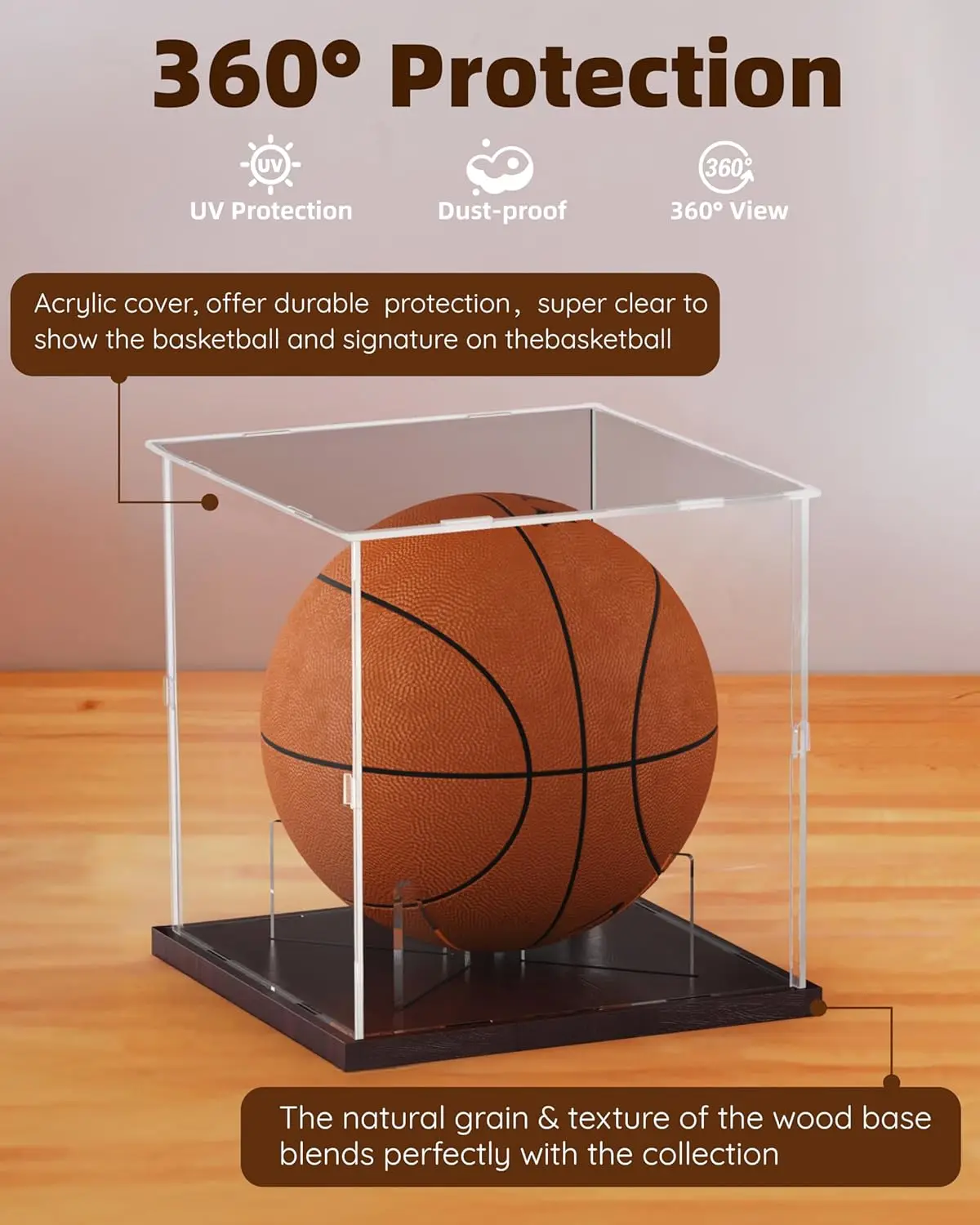 Basketball Display Case Acrylic Clear, UV Protected Basketball Stand Box Full Size with Solid Wood Base, Soccer Display