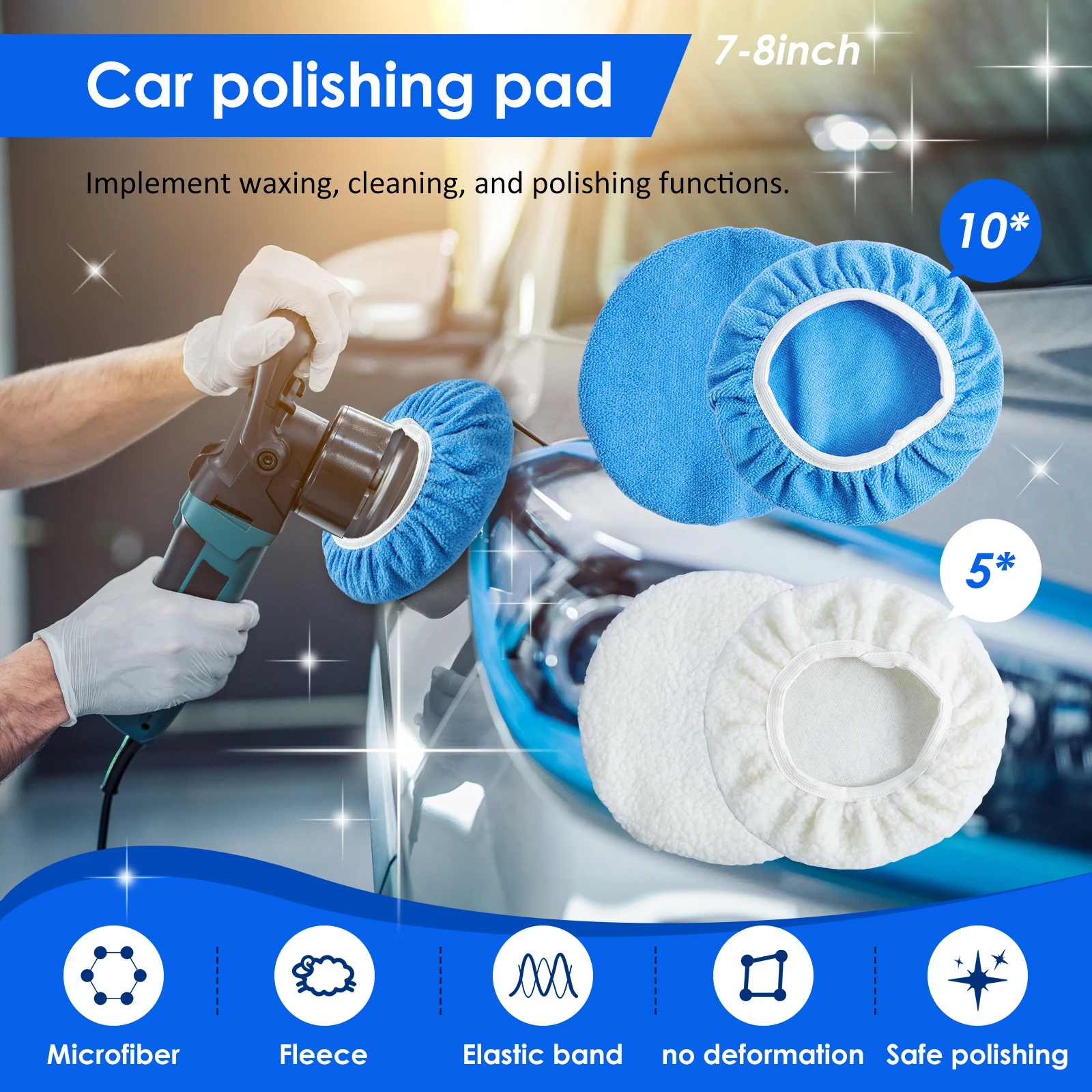 15Pcs Car Polisher Pad Bonnet 7-8 Inch 9-10 Inch Reusable Car Buffing Pad Cover with Microfiber Wax Pads Woollen Polishing Pads