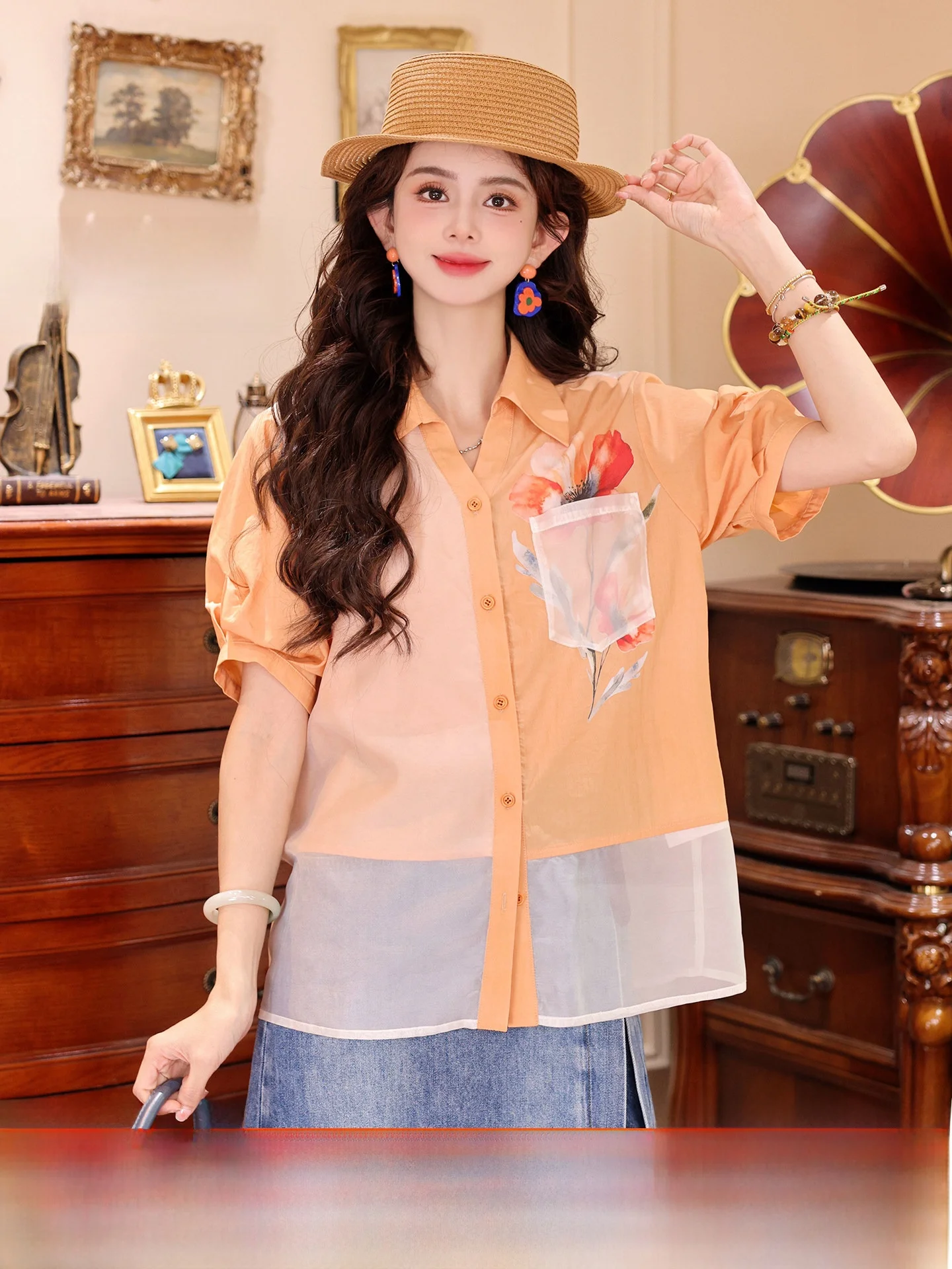 

Женская летняя тонкая свободная блузка Chen Jiajie Orange Blossom Forest в стиле ретро с дизайнерскими вставками, повседневная, для работы и отдыха