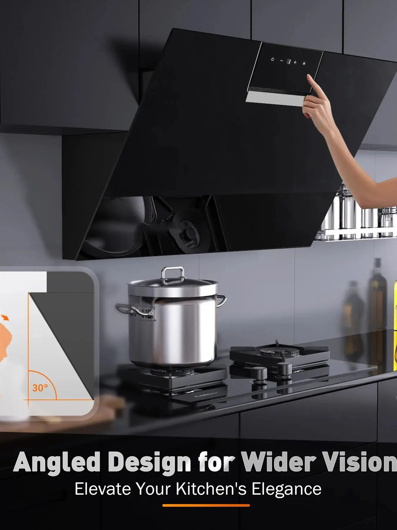 90 cm wandmontierte Dunstabzugshaube 800 m3/h A+++ LED-Touch-Steuerung, schwarzes Glas – Umlauf-/Abluftoption