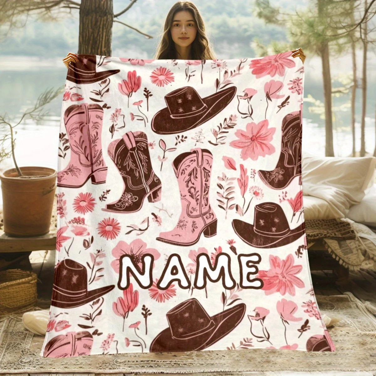1pc Personalized Custom Name Cowboy Gear Blanket Lightweight Throw for Sofa Bed Travel Camping Living Room Office Couch Chair