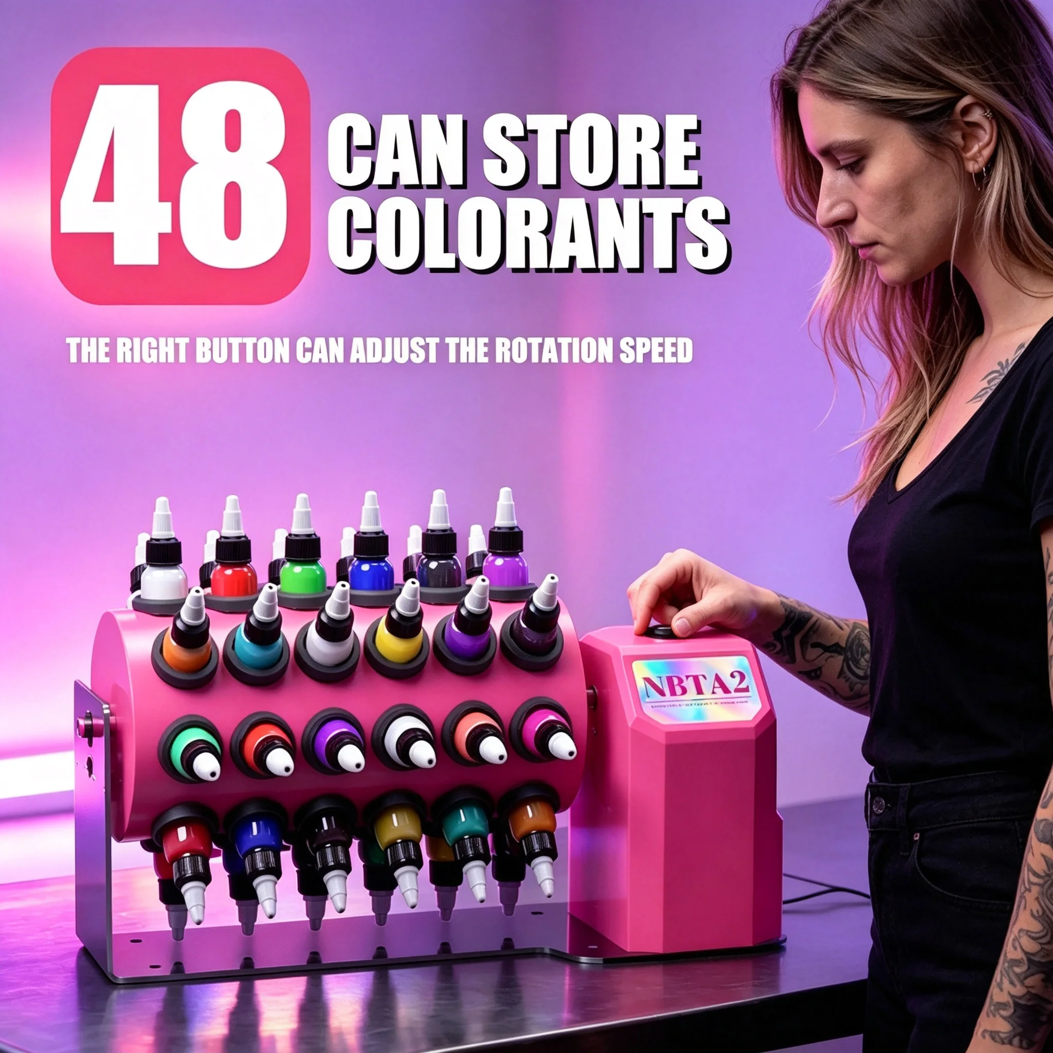 Tattoo Ink Colorant Roller Shaker, Wall-Mounted Pigment Mixer, Can Accommodate up to 48 Bottles, 6 Bottles Per Row, 8-Row Storage Rack, Professional Tattoo Studio Supplies for Tattoo Artists