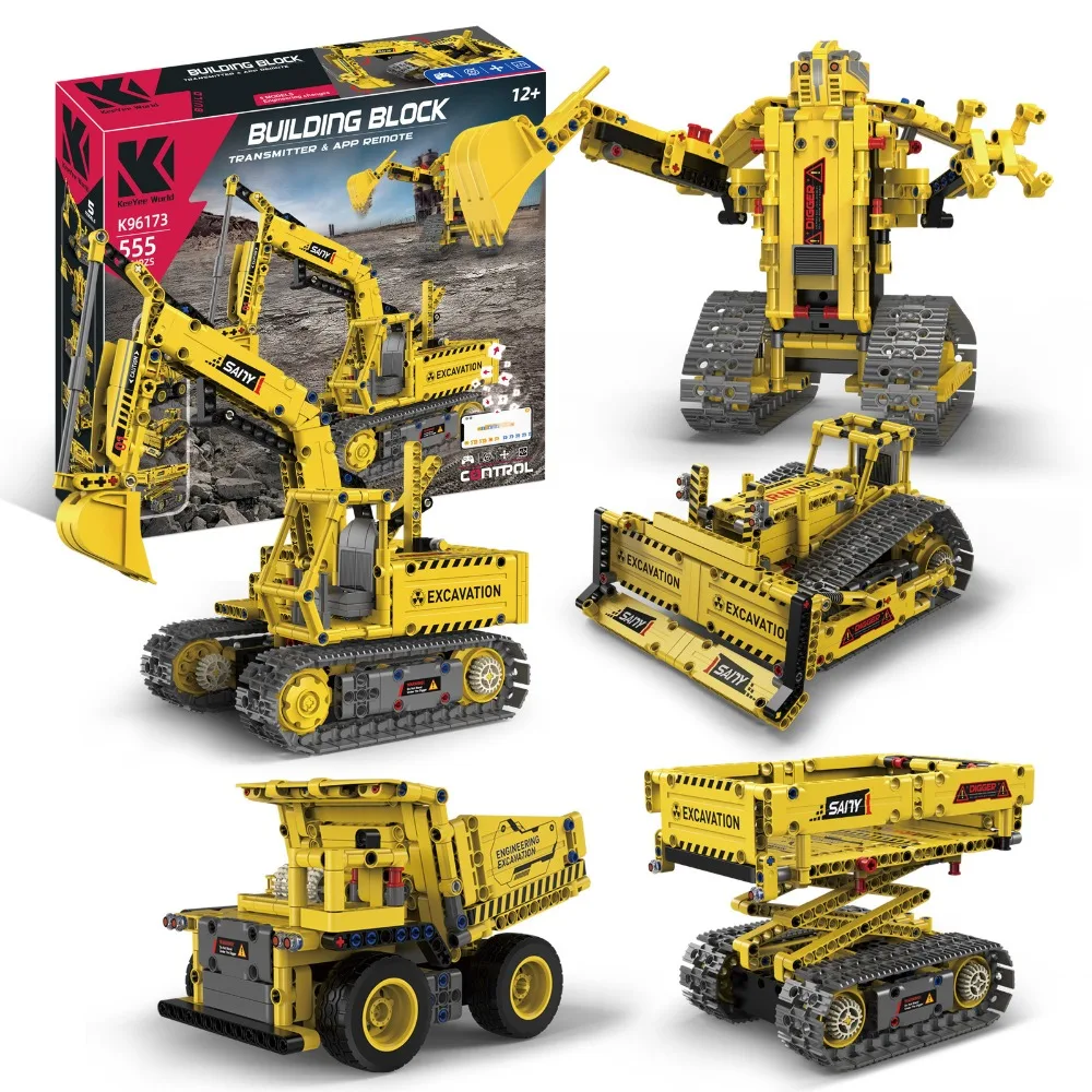 K96173 555PCS 5-in-1 Programmable Engineering Vehicle Remote Control Building Blocks for STEM Learning Creative Play