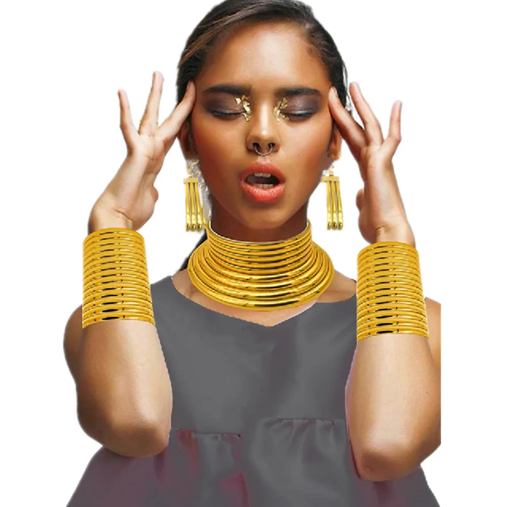 Liffly African Style Statement Choker Necklace Earrings Set for Women Punk Wedding Collar Bracelets Large Jewelry Set