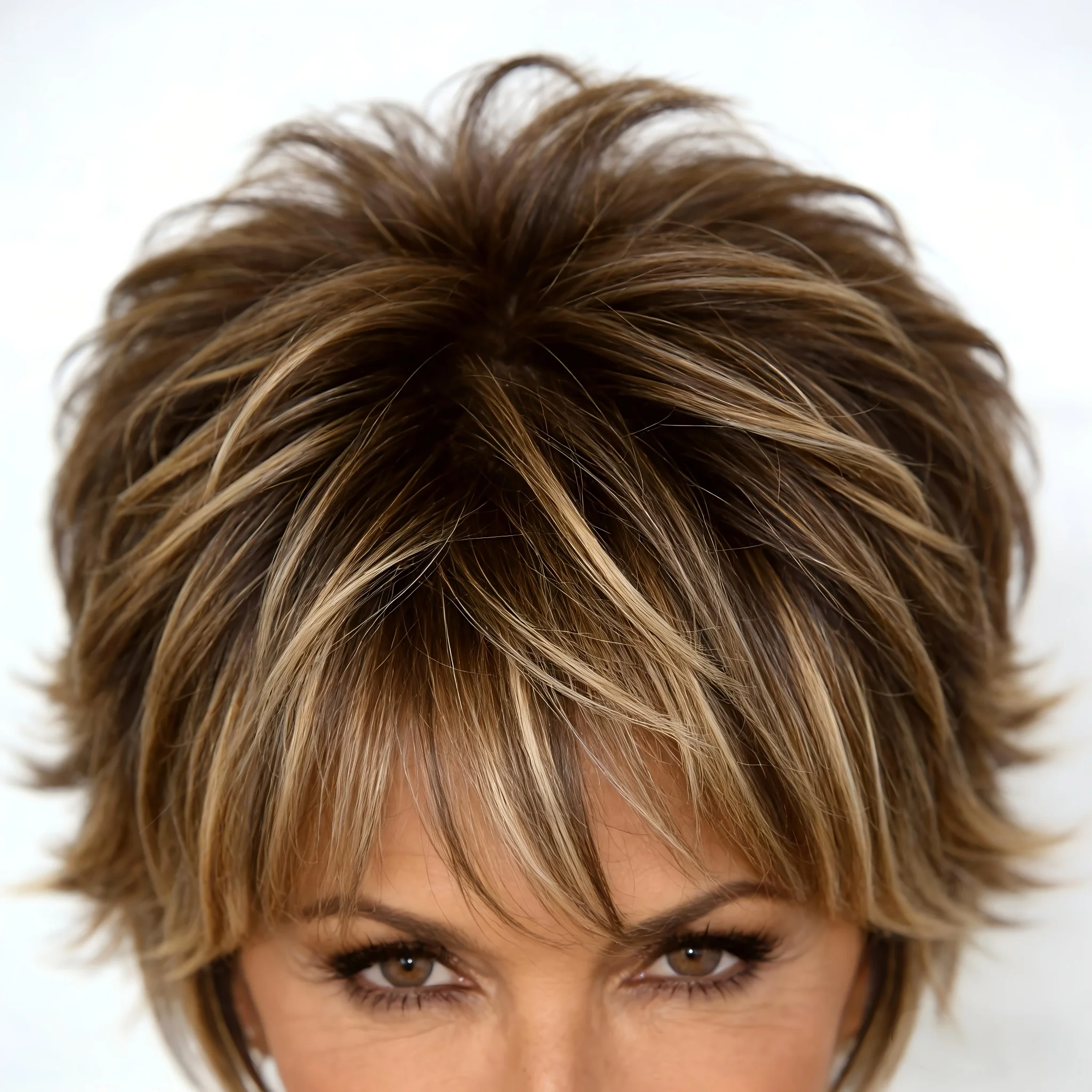 Synthetic wig with chestnut honey highlights, straight hair with layered cut and bangs, suitable for daily wear styling