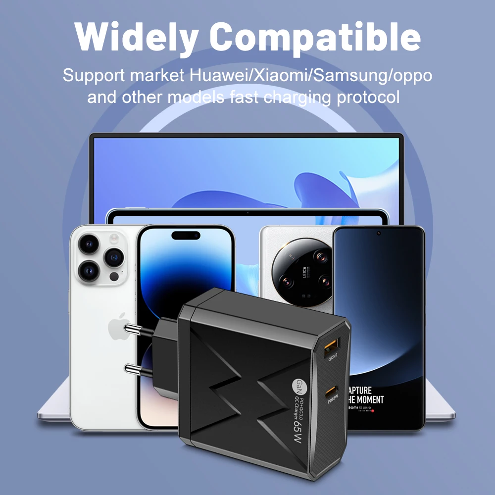 65W GaN Charger 2 Ports Type C Charger Fast Charging For IPhone 14 15 Pro Xiaomi 13 14 Samsung USB C Charger For Huawei Mate 60