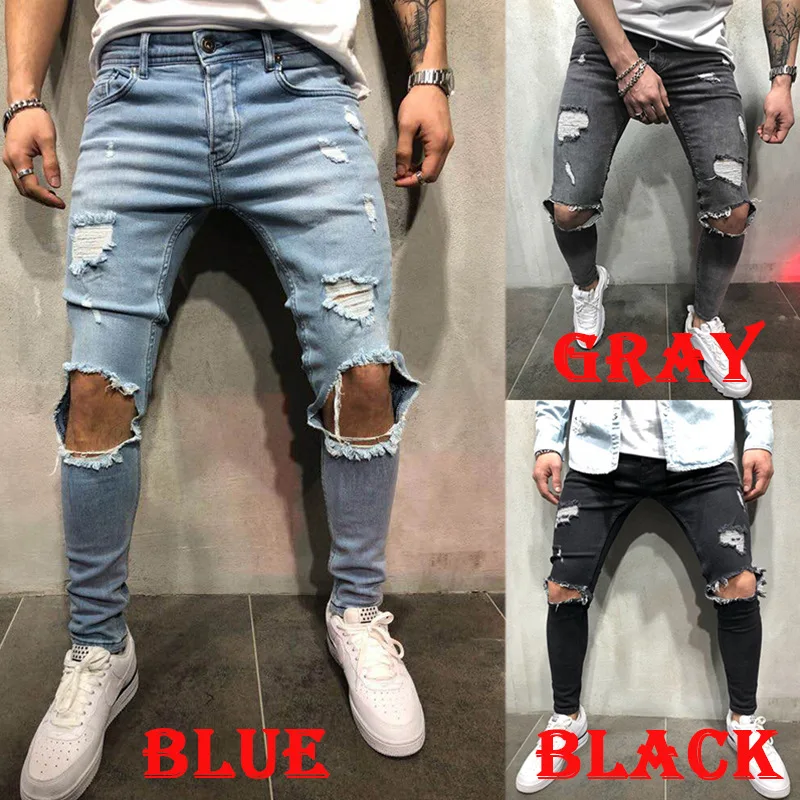 Spring 2024 Men's Trendy American Style Jeans Slim Fit Hole Repairing Denim Pants Youth Casual Low Waist Long Trousers
