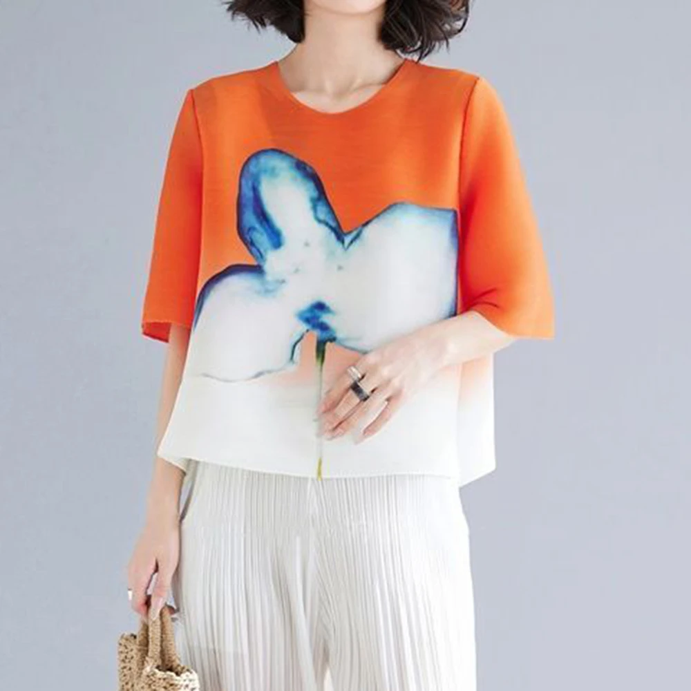 Pleats 2025 summer new loose gradual change top thin dignified atmosphere printed short sleeve t-shirt