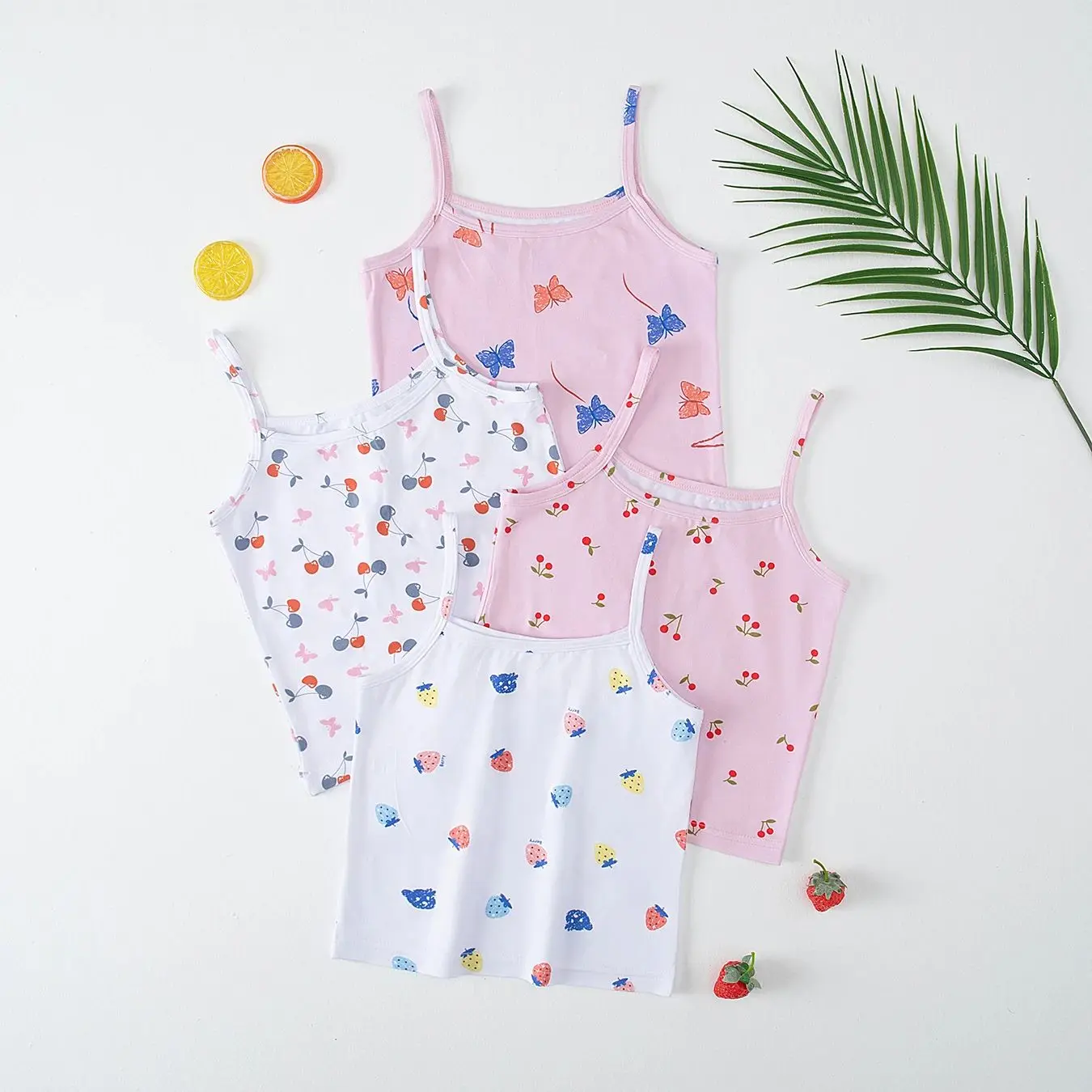 4-Piece Girls' Sweet and Cute Printed Camisole Vest for All Seasons, Comfortable Inner Vest, Children's Home Top Sleeveless T