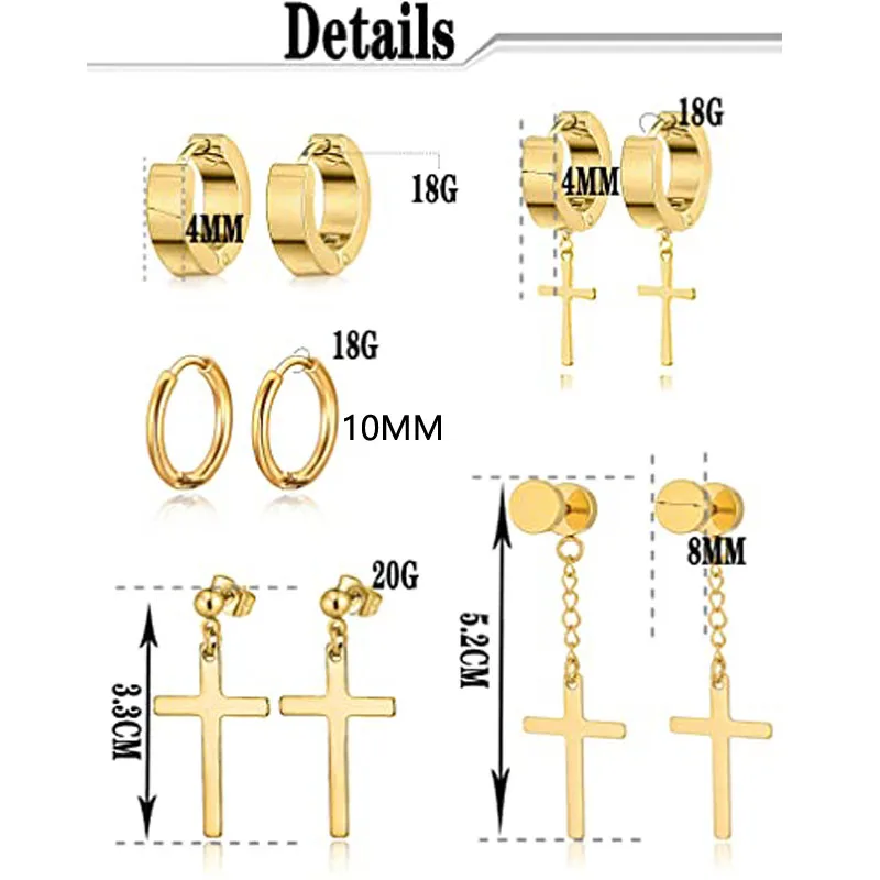 15 Pairs Cross Earrings Stainless Steel Punk Pointed Hoop Huggie CZ Hinged Cross Earrings Set Men's Silver Black Gold