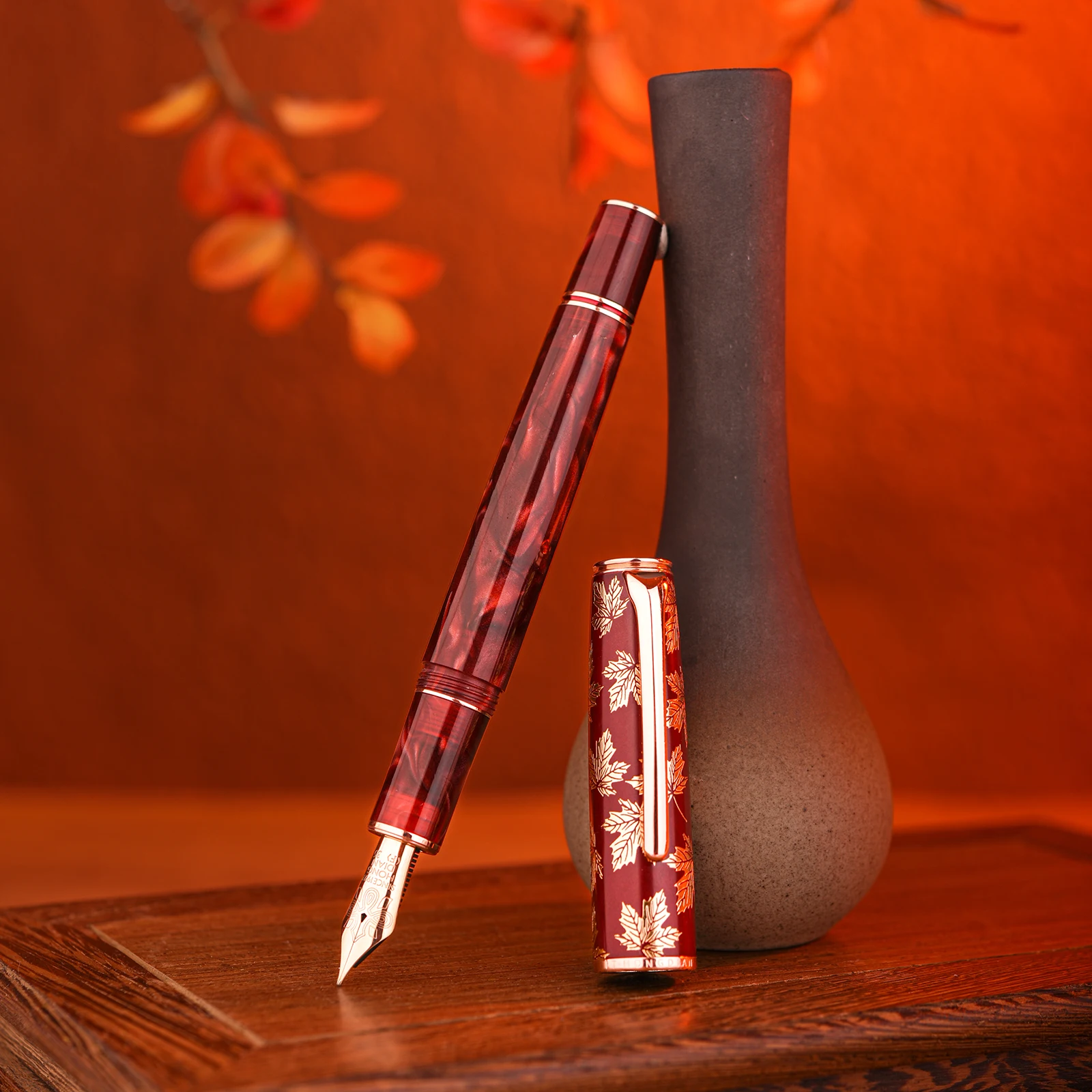 Hongdian N8 Resin Red Fountain Pen Beautiful Maple Leaf Carving Cap with Converrter Gift Pen EF/F/M/Long Knife Nib