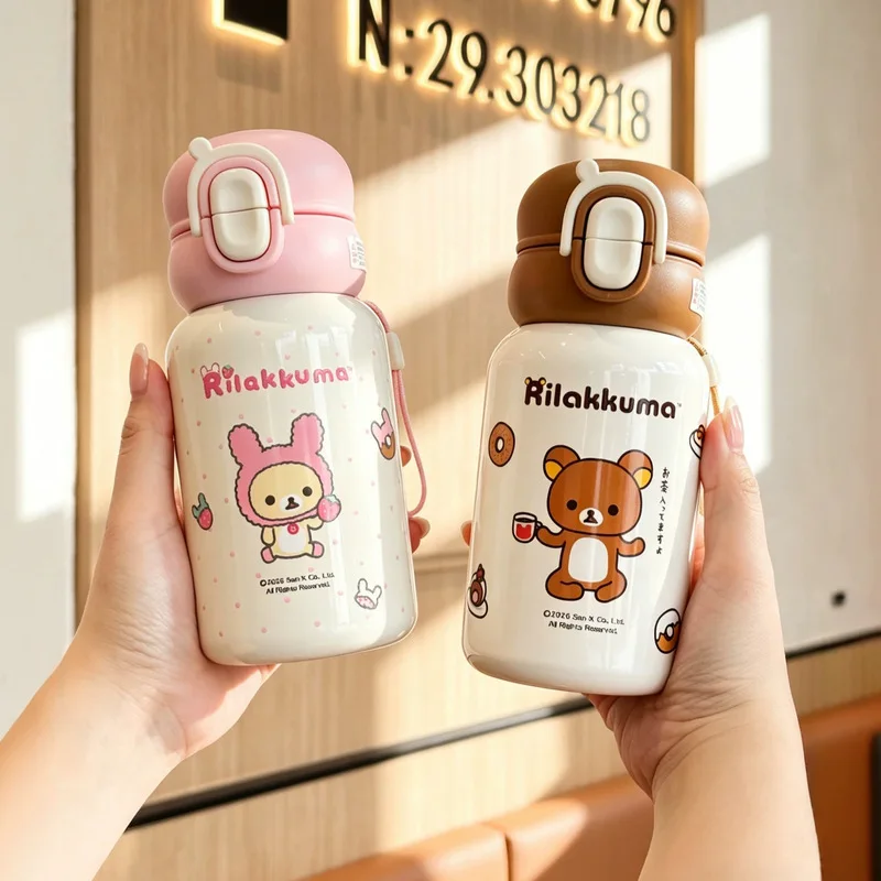380ml Rilakkuma Water Bottle Straw Cup 316 Stainless Steel Double Drinking Cup Portable Cartoon Thermal Cup For Home Holiday Gif