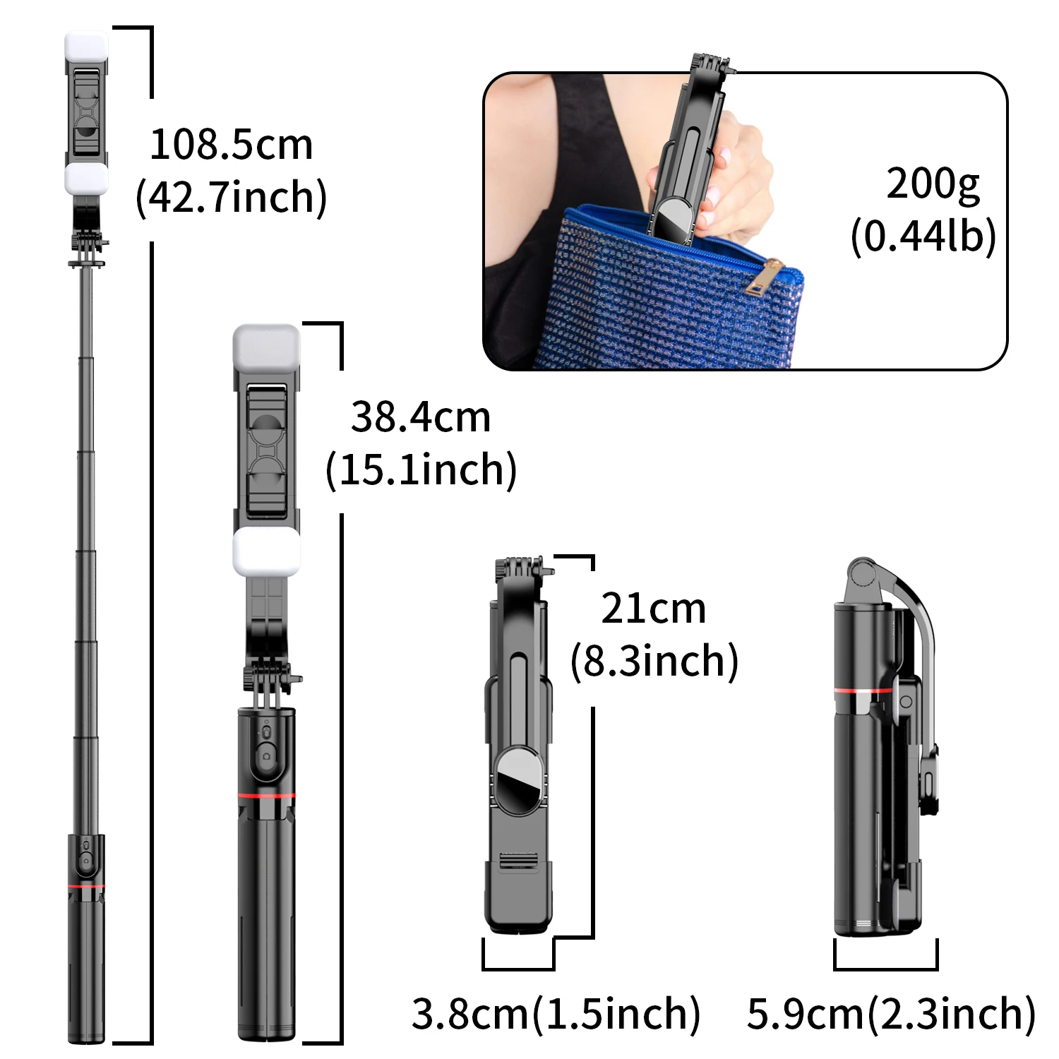 L12 L12d Front Rear Fill Light Bracket Portable Wireless Bluetooth Remote Tripod Selfie Stick 1085mm for iOS Android Cellphone