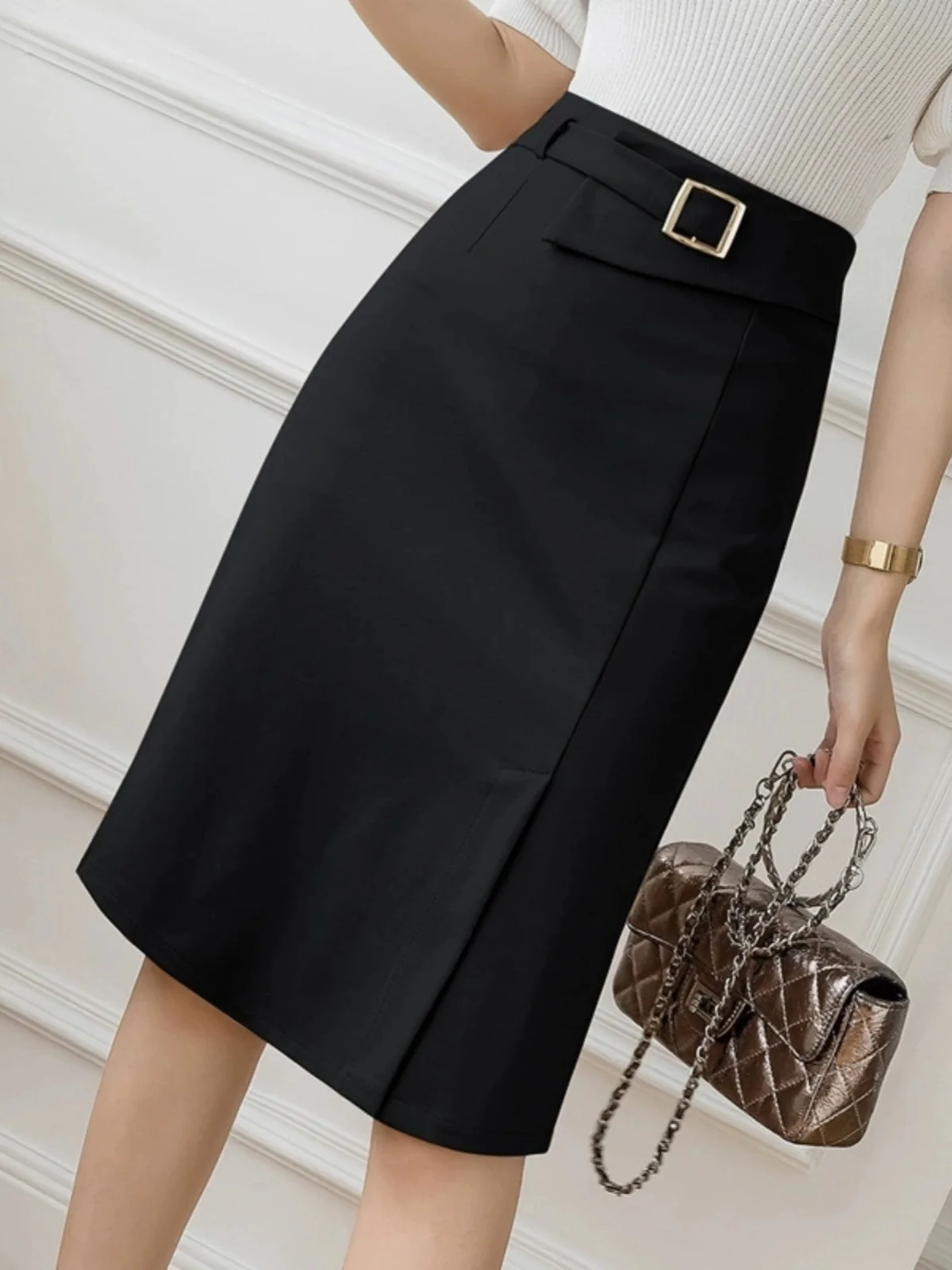 

Слегка эластичная юбка с разрезом и высокой талией, уличная юбка средней длины, цветная женская мода, весенний сезон, обычная тонкая