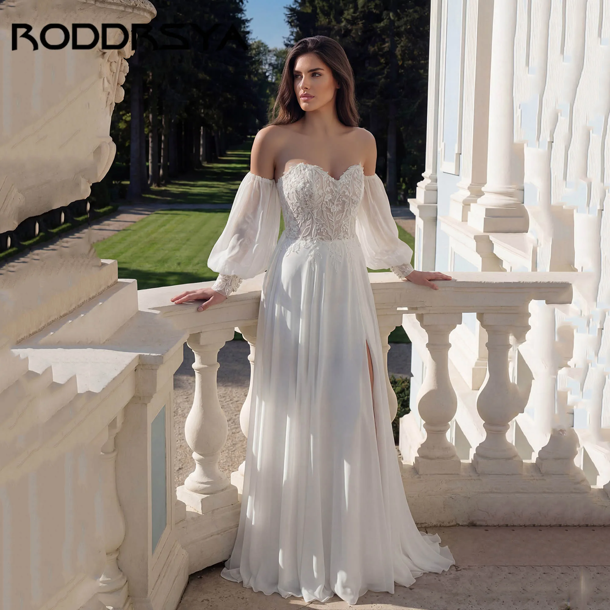 

RODDRSY Boho Chiffon Puff Sleeves Bridal Gowns A-line Slit Appliques Wedding Dress Sweetheart Backless robe de mariée Customized