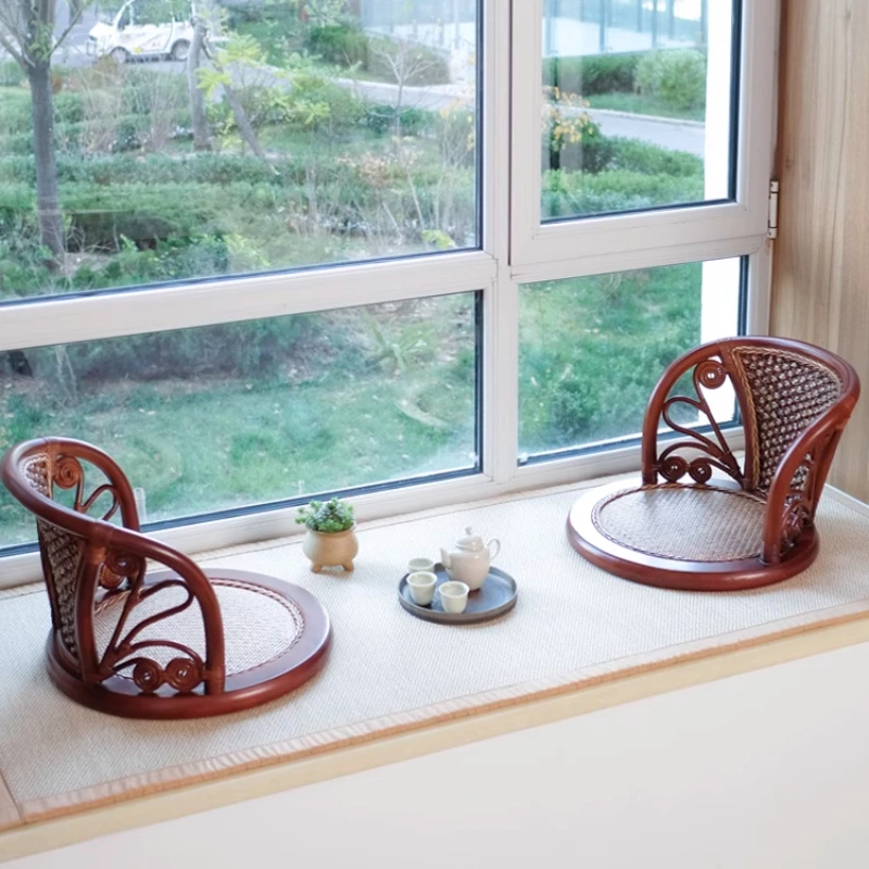 Japanese Rattan Tatami Lazy Chair Bedroom Solid Wood Bay Window Floor Seat Legless with Backrest