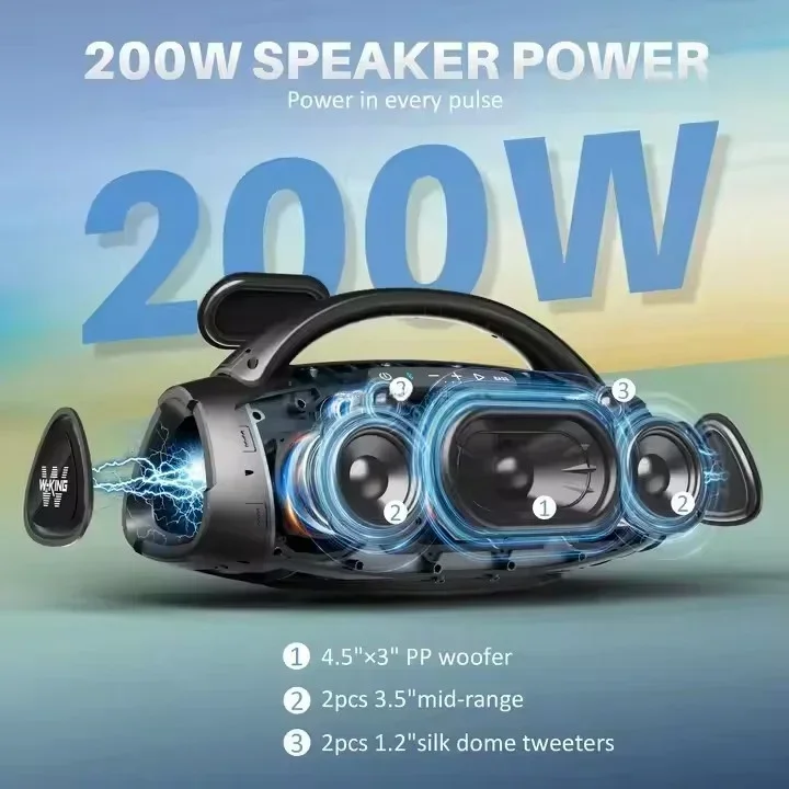 W-KINGS Latest D20 Poweul 200W Super Bass IPX6 Waterproof Outdoor boombox wireless Blue tooth speaker with fast charging x20