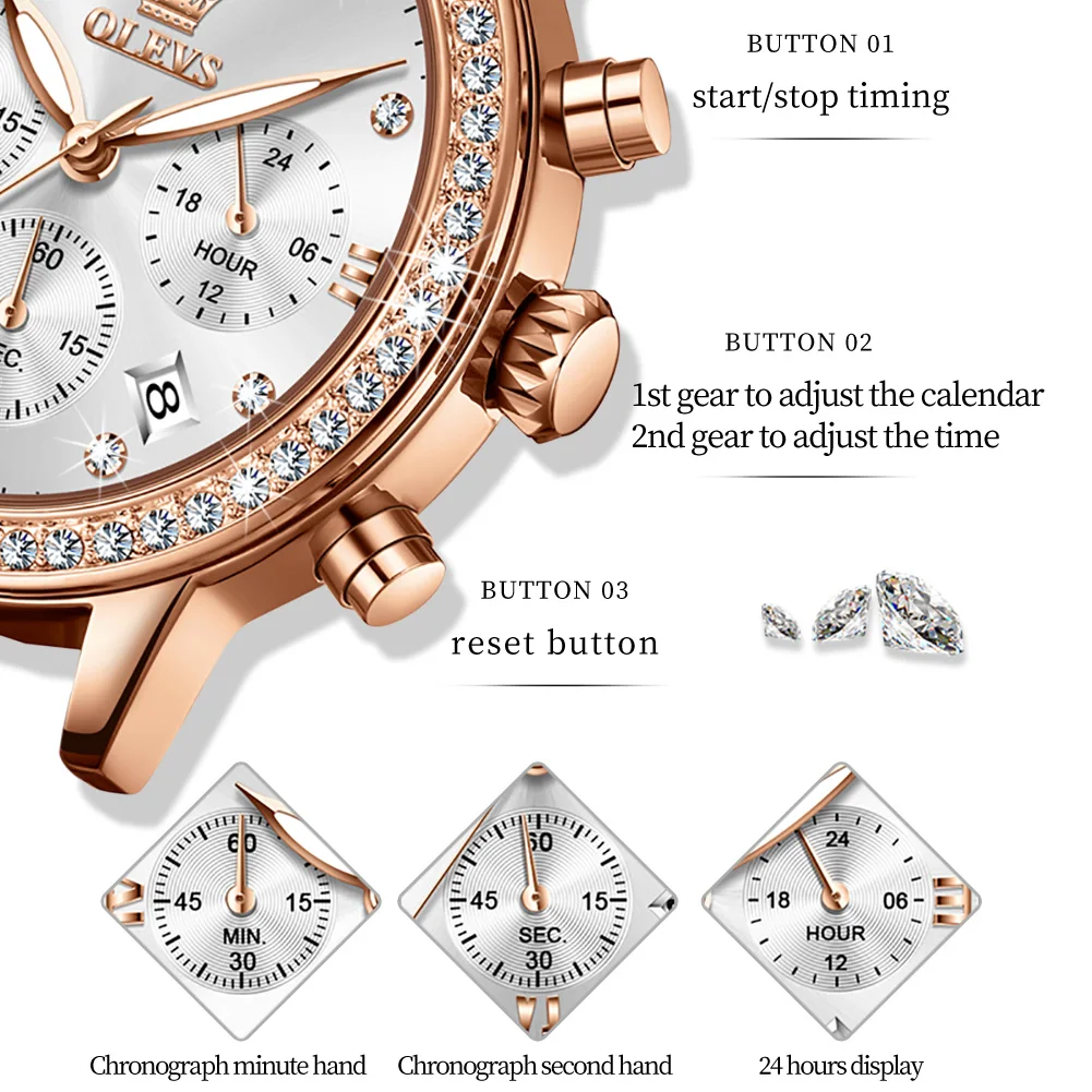 OLEVS 9933 Diamond Quartz Watch for Women Chronograph Waterproof Auto Date Wrist Clock Elegant Luxury Leather Strap Ladies Watch