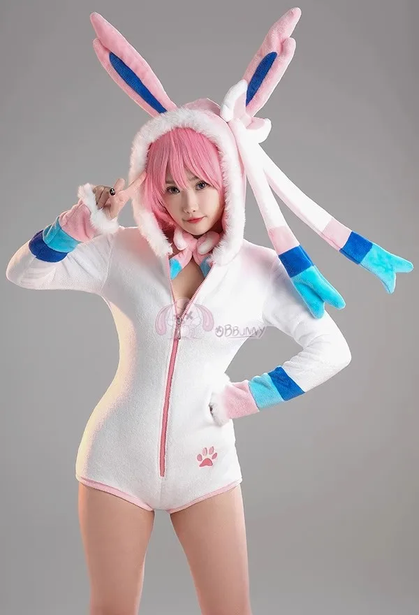 Anime Eevee Cosplay Kostuum Vrouwen Sexy Flanel Capuchon Bodysuit Sokken Pak Bunny Meisje Leuke Cartoon Pluche Pyjama Jumpsuit Uniform