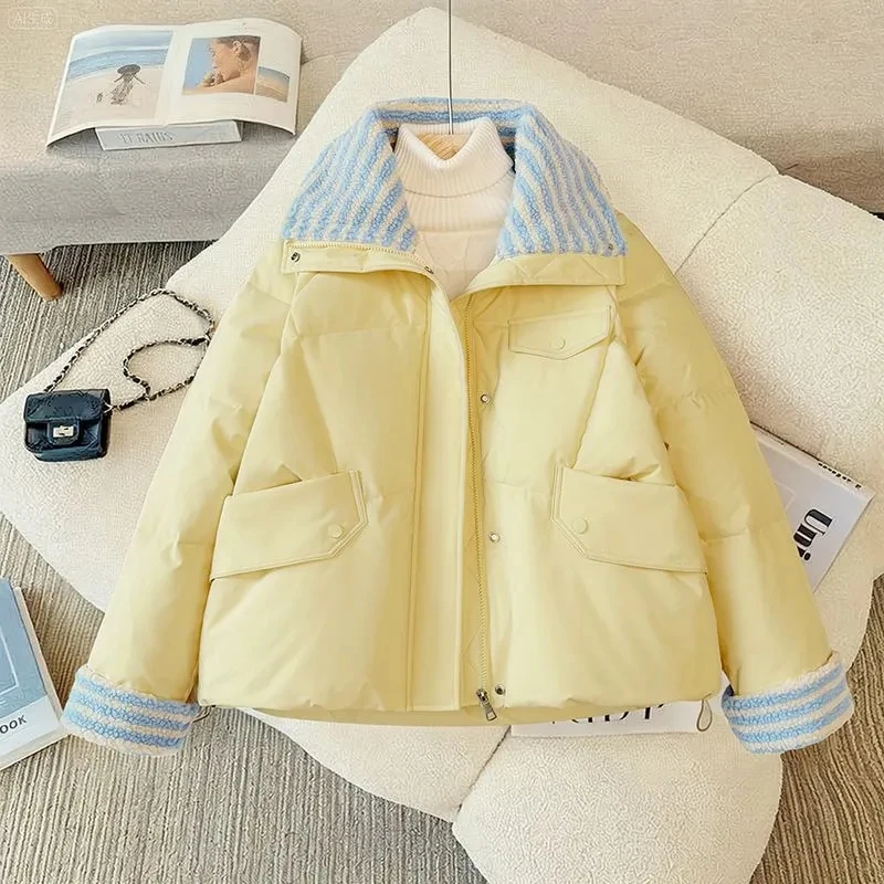 Down Cotton Jacket Women's Short 2025 Lamb Wool New Loose Cotton Jacket Winter Korean Version Thick Bread Jacket Lemon Yellow