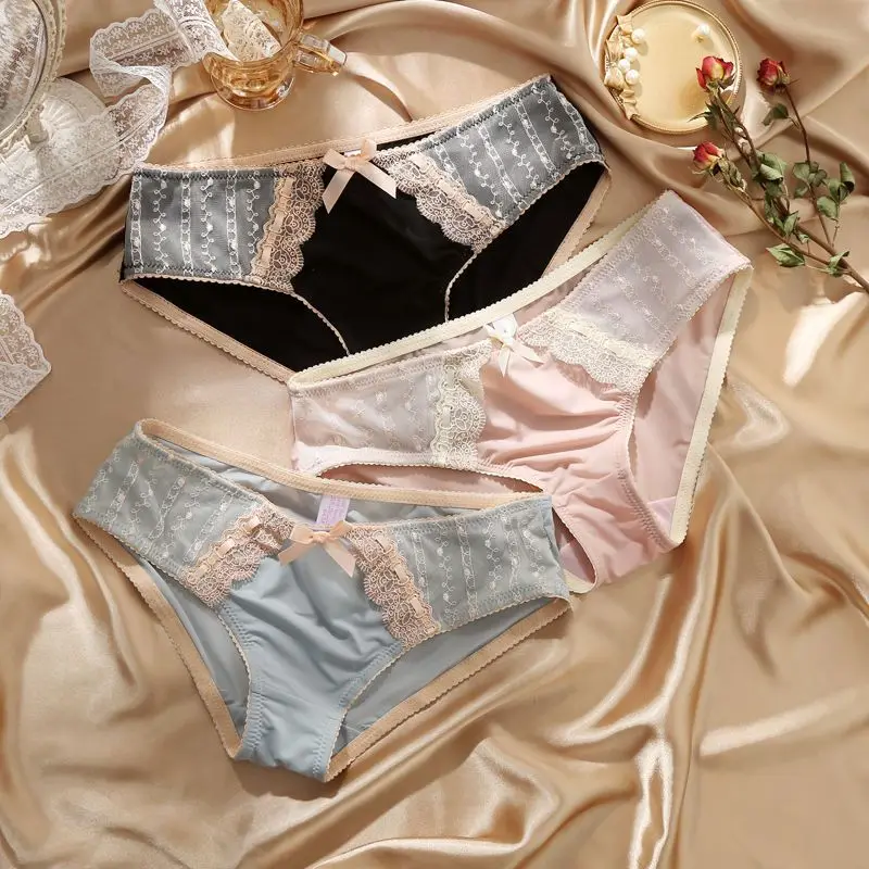 Milk Silk One-Piece Sexy Lace Panties Women Ice Silk Traceless Large Size Pure Cotton Crotch Briefs Sweet Low Waist Panties