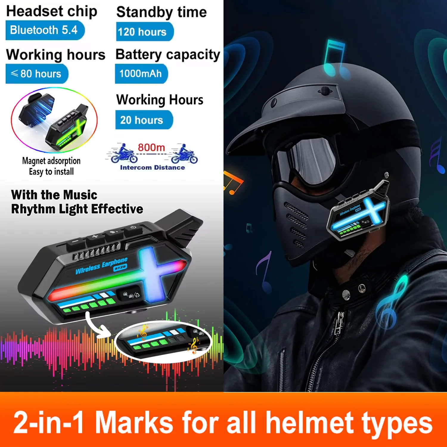 

Bluetooth-гарнитура для шлема, двойная 800 м, установка на магнитной присоске для рации с дыхательным светом, Bluetooth 5.4, гарнитура