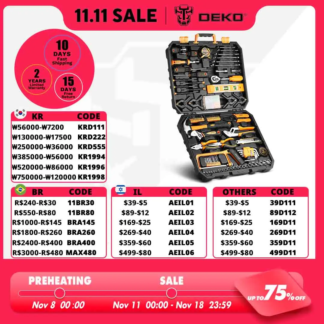 DEKO 168Pcs/208Pcs Hand Tool edc. Woodworking Multi Tools with Tool Box Include Socket Set Torque Wrench Hammer Knife