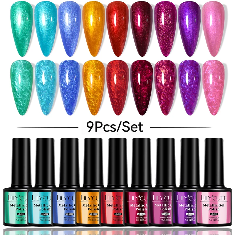 LILYCUTE 9/10/12 unids/set 7ml Kit de esmalte de uñas de Gel metálico Otoño Invierno cromo oro rojo efecto espejo estilo francés Gel de Arte de uñas