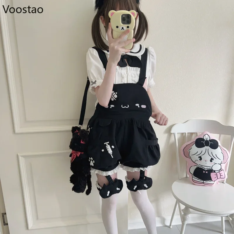 Y2k Lolita Style Overalls Shorts Set Women Sweet Sailor Collar White Shirt Cartoon Cat Rompers Suit Blouse Shorts 2 Piece Set